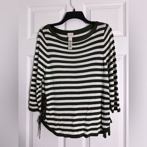 Chico's Olive and White Striped Long Sleeve Top
